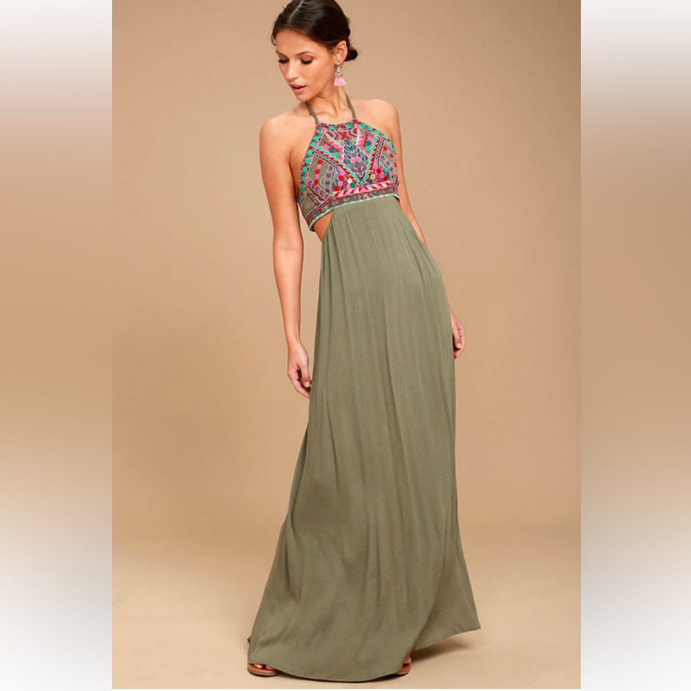 Lulu’s Little Beach Olive embroidered maxi dress